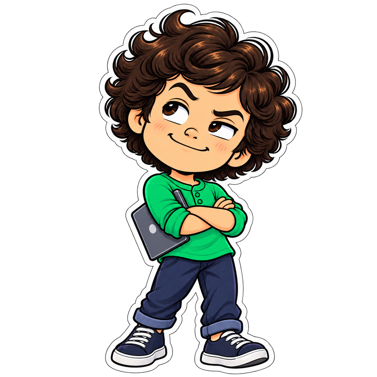 Eric, personagem da Code com Eric, confiante com seu tablet